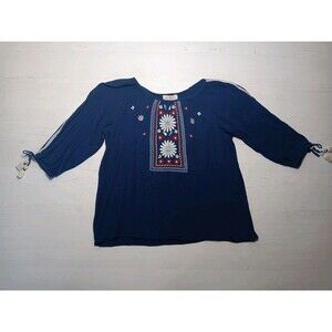 Kandy Kiss Girls' Embroidered Floral Blue Peasant Top XL Tassels Loose Comfort